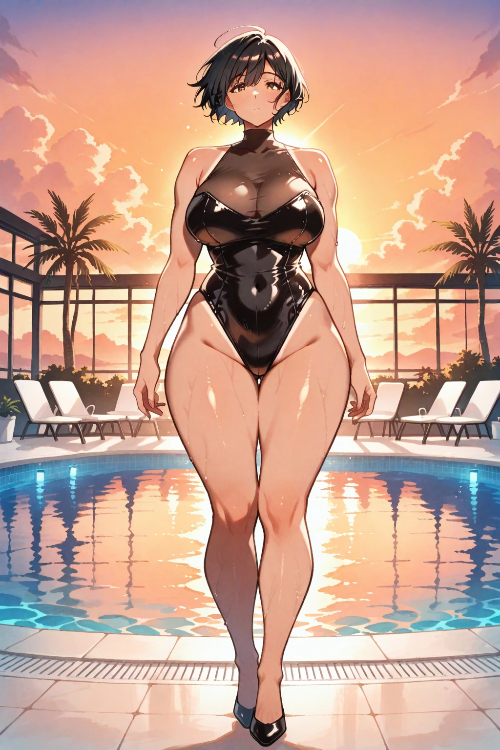 secret flower, Anki Moore, beautiful girl, Girl wearing headphones, alone, looking at the audience, Gray and black , green eyes, flower,heterochromia, lipstick, God's throne, Full body image, Gray and black colour combination , Wearing a stylish high-cut swimsuit,Show belly button