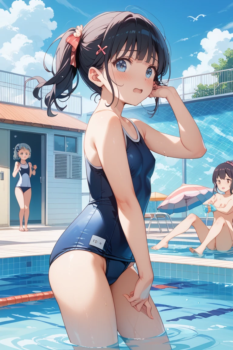 High quality、highest quality、complete limbs、Ultra high definition、Sparkling eyes、full finger、slender beauty、Group of 3、Wearing a school swimsuit、shiny skin