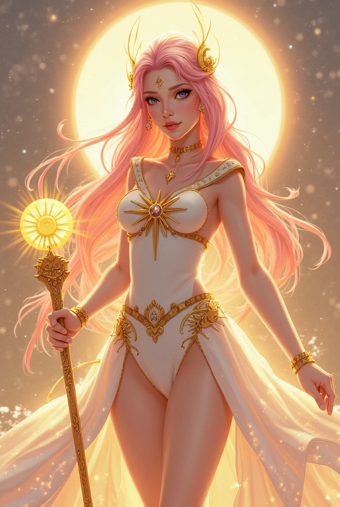 Iris, the Greek goddess, European woman, 35-years-old, presents a slender and ethereal body, wrapped in a luminous robe that reflects the colors of the rainbow. Her delicate-featured face radiates grace and serenity with her large, heavenly-colored eyes and her gentle smile. On her wavy hair, dewdrops shine, forming a glowing halo around her. She wears multicolored wings on her back, which flash with her every movement. She finds herself in a lush flower garden, with a rainbow rising majestically in the sky, giving off an aura of magic and hope.