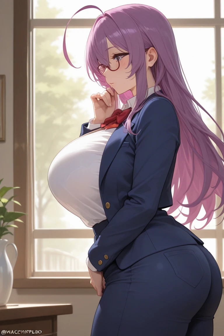 high quality, no errors, anime style, solo, 1 girl, wearing , bedroom with a study table, perfect curves, super huge breasts, huge fat ass, thick thighs, long wine purple hair, yellow eyes, flushed face , ashamed