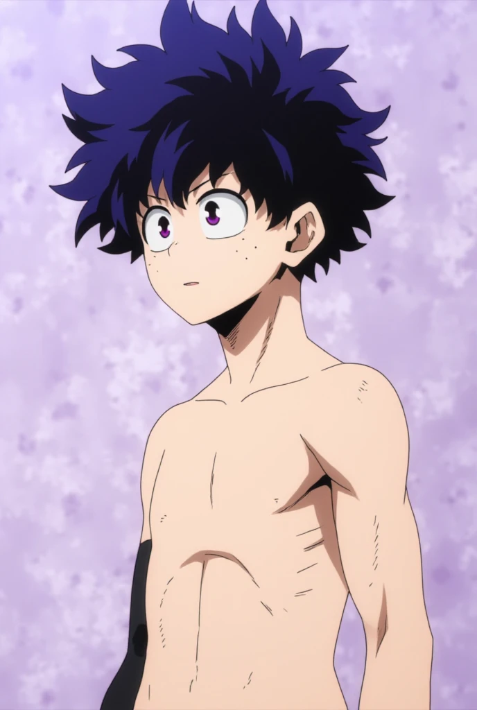 Screenshot of boku no hero academia Handsome boy with black hair with curly purple details, slanted eyes in phosphorescent purple without a shirt