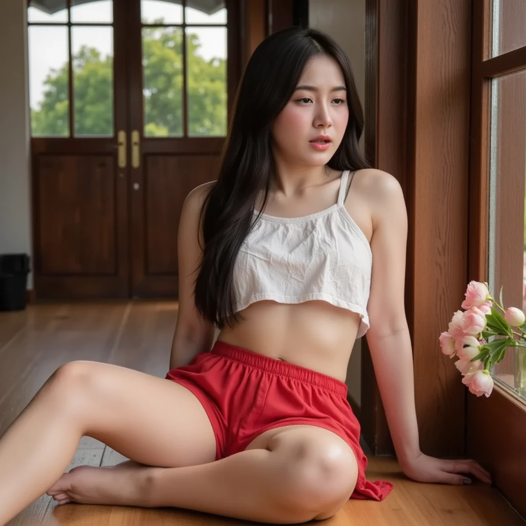 A woman is standing wearing a white tank top and red panties. She has long hair and appears to be posing for a photo. The white tank top contrasts with the bright red panties, creating a striking visual. The woman''s outfit is simple yet stylish, showcasing a casual yet confident look. The colors in the image are primarily white, red, and shades of brown. The woman''s expression is neutral, and she exudes a sense of ease and comfort in her attire. Overall, the image captures a moment of casual elegance and femininity.