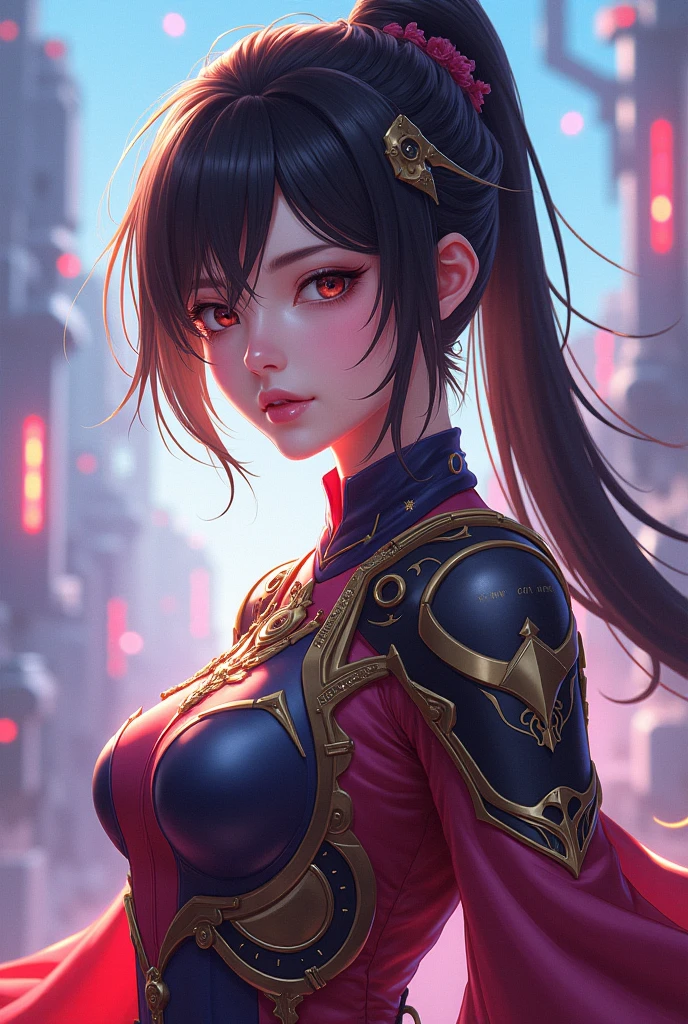 ((Face to the Waist)) Beauty anime girl /// (Character) wearing detailed combat body suit with scarf, upperbody shots, detailed skin, face sharp focus, detailed red eyes and pupils, detailed hair ((horse tails)), intricate details and sharp, masterpiece, global illumination, real shadow, bokeh, best quality, photorealistic, realistic, 8k, red lips