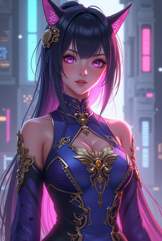 1girl, sakifuwa, long hair, ahoge, solo, black hair, dress, gloves, ponytail, looking at viewer, elbow gloves, bangs, sleeveless, sleeveless shirt, black dress, black gloves, bare shoulders, very long hair, closed mouth, building, breasts, orange eyes, purple strain of hair, elbow gloves, fingerless gloves, leggings, very long skirt, black tights, hair ornament, earrings, night, tattoo on arm, close up, <lora:sakifuwa_v12_XL-30:1>