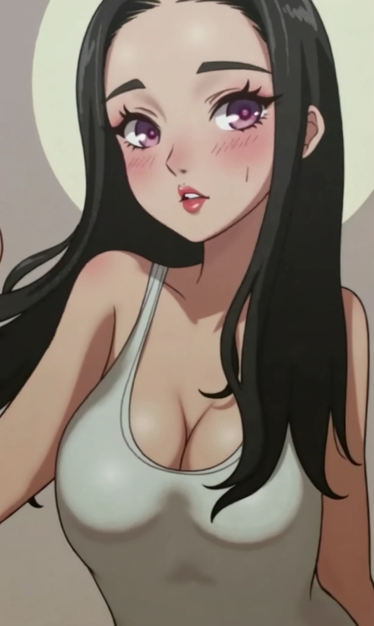Woman with big tits and small waist sticking out her tongue seductively naked with an orgasmic face and her tongue drooling