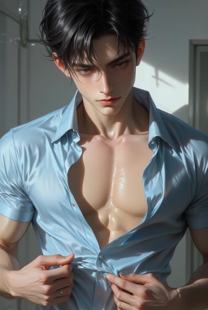 1boy, extreme realistic very handsome young boy, having very realistic well defined body shape features and well defined abs and packs, wearing transparent white shirt, male_focus, muscular, muscular_male, solo, bara, pectorals, pants, short_hair, navel, large_pectorals, abs, nipples, sitting, jacket, white_pants, open_clothes, window, indoors, looking_at_viewer, open_jacket, parted_lips, brown_hair, black_hair, bare_pectorals, bangs