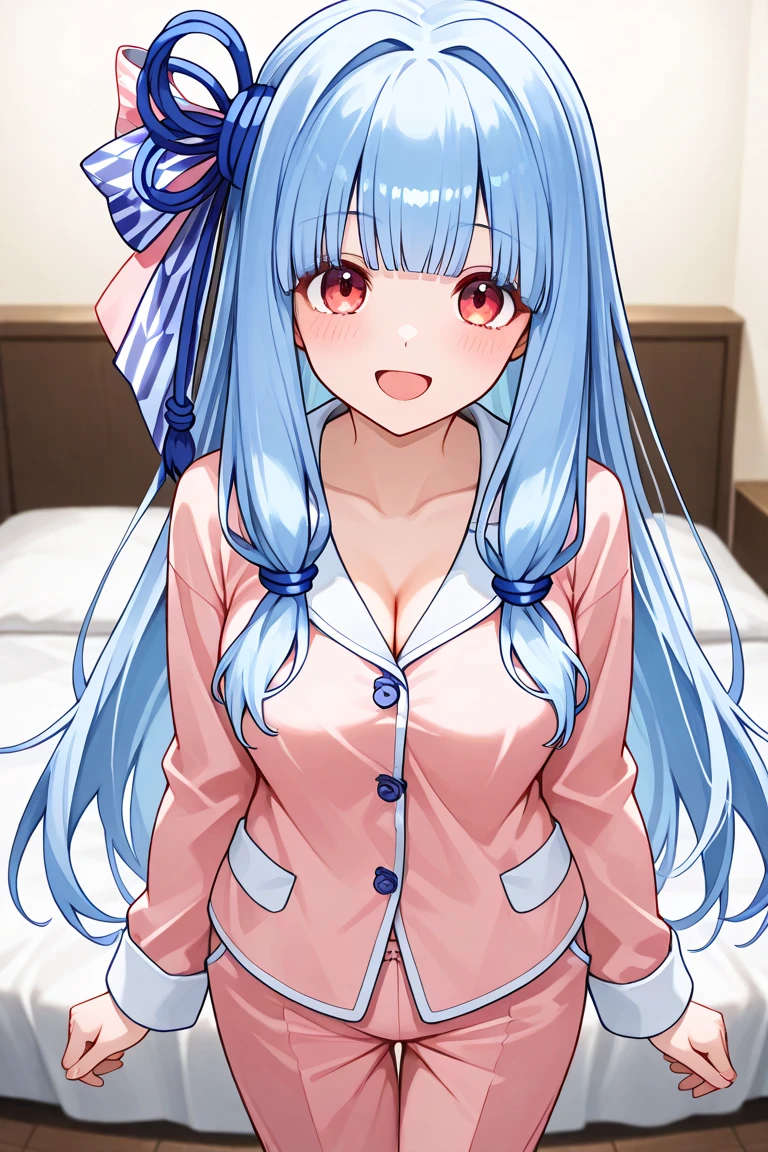 My name is Yukiko.I am a white test woman with long Sky blue hair,red eye color.I am 1.62 cm tall . My breasts measure 200 cm, my waist 40 cm and my hips 200 cm. Dressed with in a sweet and lovely pajama low-cut set velvet tube top and shorts, cartoon two-piece sleepwear sets . With big breasts 200 cm