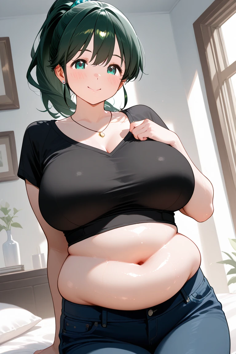 ((highres)), Masterpiece, high quality, best quality, beautiful, perfect lighting, detailed face, ultra cute face, cowboy shot, ((1girl)), ((solo)),
Short hair, fluffy hair, black hair, hair over one eye, green eyes, ((blush)), nervous, shy, looking at viewer, arms behind back, black crop top, plaid pleated skirt, thigh highs, chocker, ((thick thighs)), (wide hips), chubby, cleavage, (large breasts),
20 year old female, standing in a park, (park), daytime,