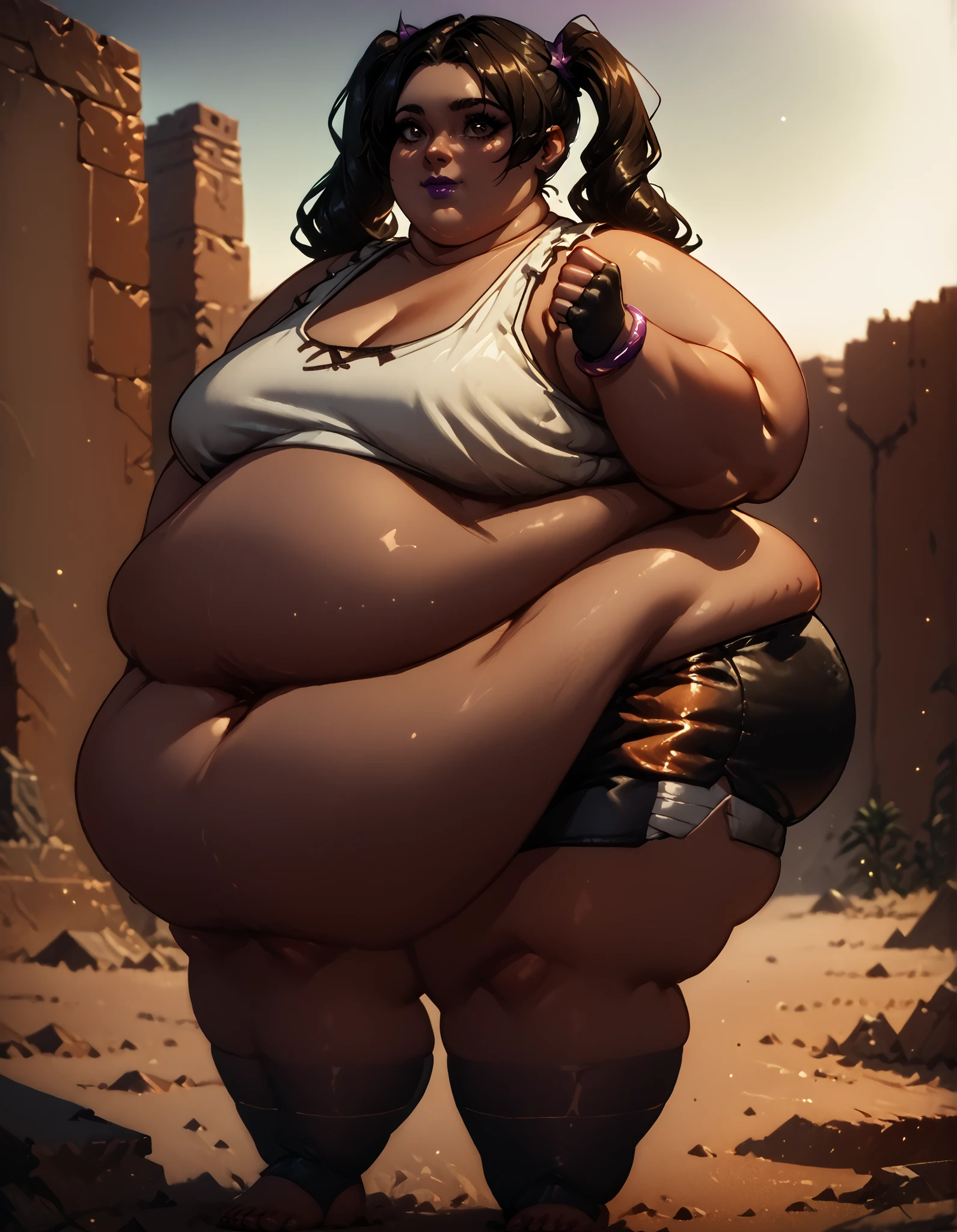 a morbidly obese orc woman, beautiful detailed eyes, beautiful detailed lips, extremely detailed facial features, long eyelashes, obese body, double chin, rolls of fat, detailed skin texture, intricate tattoos, ornate jewelry, (best quality,4k,8k,highres,masterpiece:1.2),ultra-detailed,(realistic,photorealistic,photo-realistic:1.37),fantasy art, dark and moody lighting, dramatic shadows, warm color palette