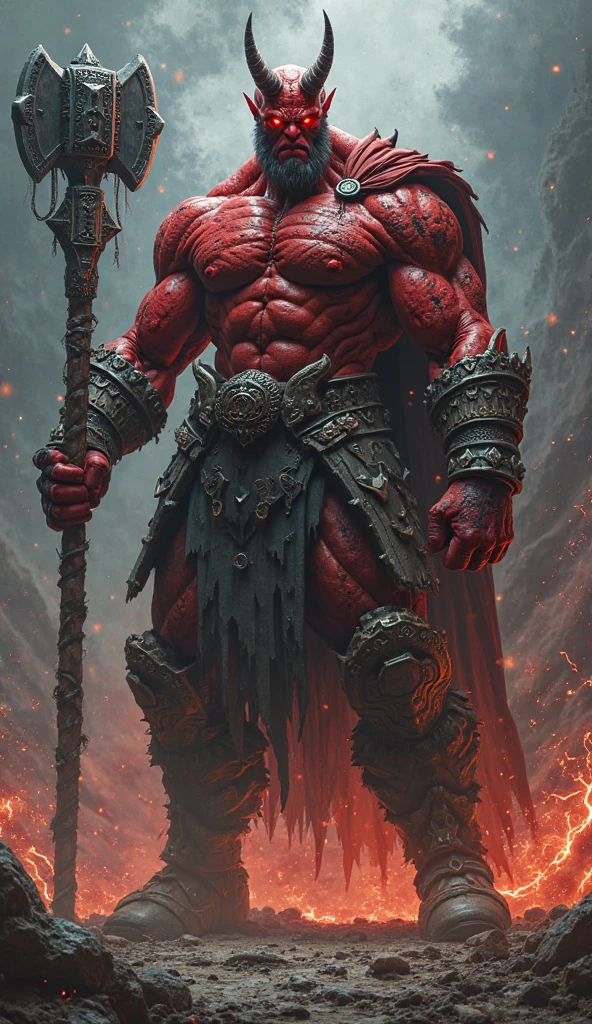 I want a picture of the red juggernaut holding a skull head in his right hand and his left hand up in a closed fist