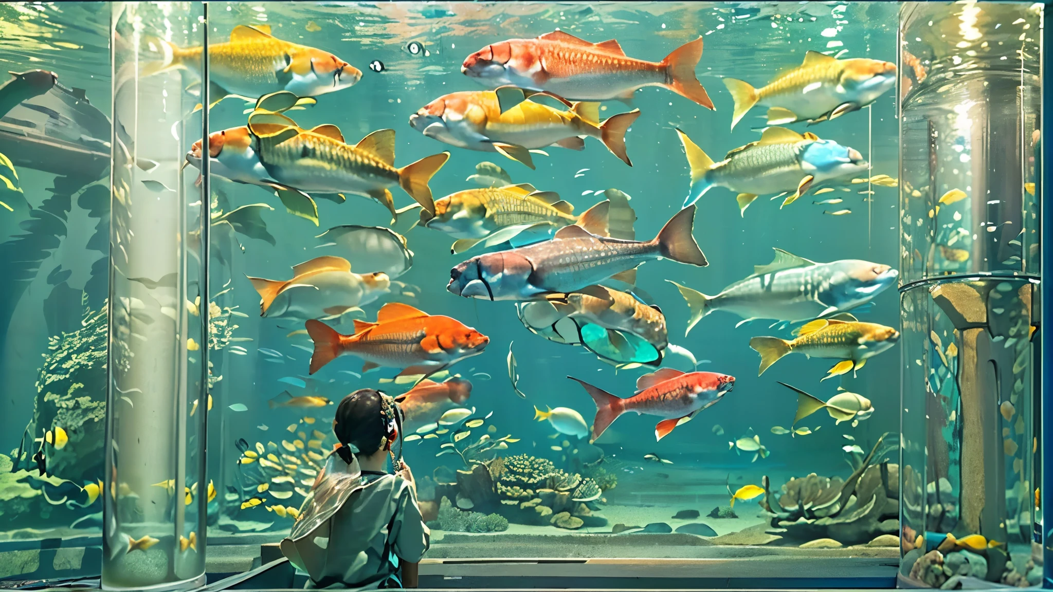 huge, Dim Illuminated, futuristic aquarium, While the light dances in the water , (私はhuge水槽の中で泳ぐ多くの魅力的な群れの魚を見ている:1.5) . soft blue surface , (Majestic rays , hugeマンボウ, and、large colorful tropical fish are swimming in the tank:1.5),(shrimp, Crab, Starfish, anemones, and海ウニが水槽の底を這っている:1.5), (大量の熱帯魚がhuge多層水槽の中で密集して泳いでいる:1.5),watching the gentle beauty of the water、creates a calm atmosphere , world . Background 、towering fish tank full of coral reefs and seaweed, a group of bright tropical fish.future super giant fish tank,(colorful creatures I've never seen before are swimming:1.5),Super giant aquarium,(100m fish tank enough to look up:1.5),(back of a girl looking up at the tank:1.5),(colorful fish and creatures:1.5),
