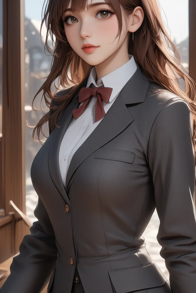 (masterpiece, best quality:1.2), Cowboy shooting, Solitary, 1 Girl, Motosato Counselor, Expressionless, Looking at the audience, Grab your hair with your hands, Hair covering one eye, Skirt suit, (((3-piece-suit))), ((Dress Shirts)), ((tie)), suit, suit, (((Big Breasts,Cleavage))) Vest, Tight mini skirt, Pencil Skirt,