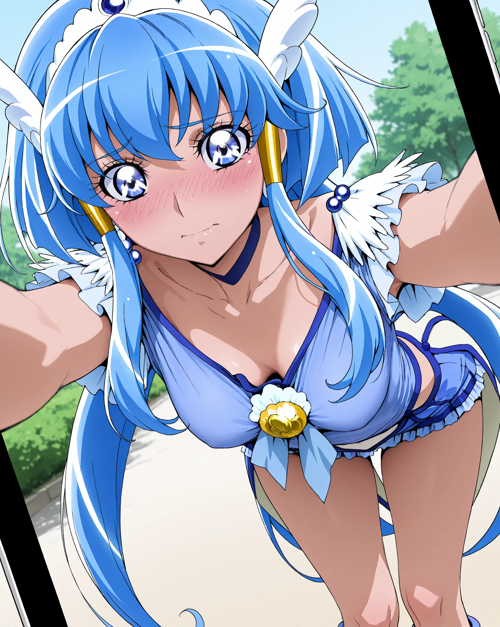(( close、16K、Highest quality、Attention to detail、Rich skin detail, Browsing Caution))、 (Beautiful Eyes), ((Huge breasts、Armpits、))、 ((Grey leotard、Yellow jacket、Glossy dress、Black knee socks))))、(Pink eyes)、((Light blue hair、Blunt bangs、Long Hair、Straight hair)), ((blush))、(Wide Hips、Thick thighs)、((((smile、Show me your teeth、Embarrassing))))、((city))