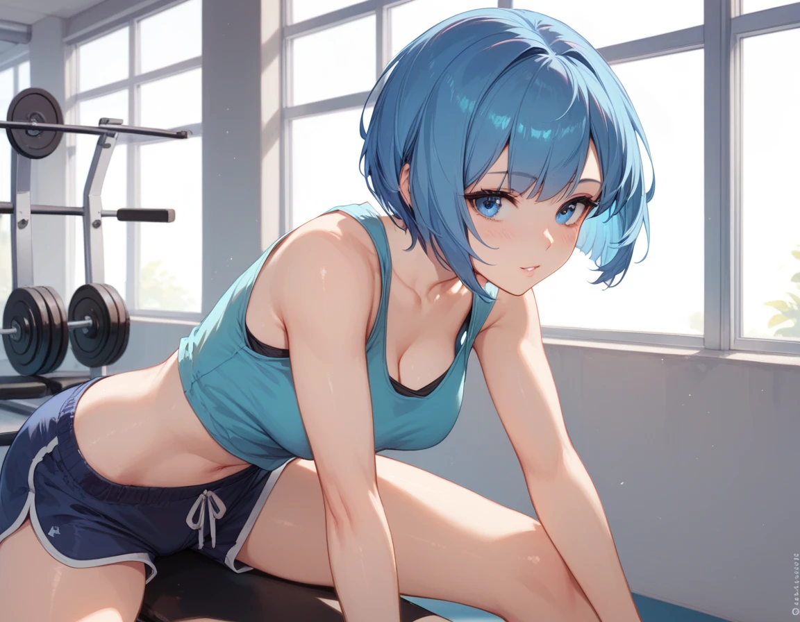 Girl with short green hair, The chest is medium, Green Eyes, 、(tits),Full body photo from head to toe,、cloth、(Clear Face)(Best Quality, High resolution, Super detailed),, (Vivid and colorful, The chest is clearly in focus),(Soft Breasts:1.2、,、、Exposed chest,Full body photo from head to toe、、Lift the chest,、A viscous, cloudy liquid is on my body,M-shaped legs,yoga、stretch、Relax Mode、Training wear、Spread your legs and stretch your legs、New Gymnastics、Lying down、