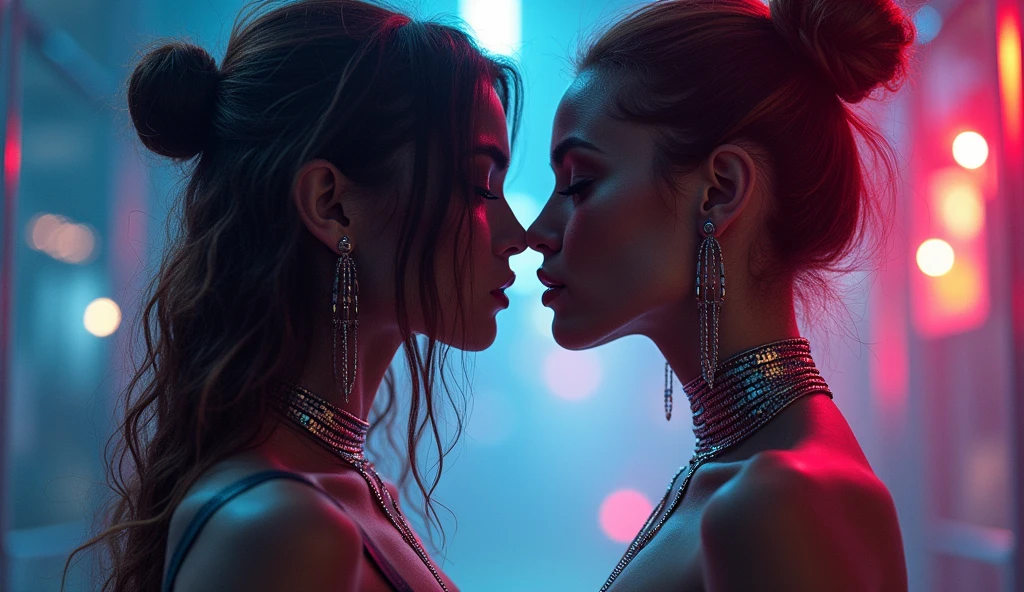 Two angry sexy girls looking at each other in a club