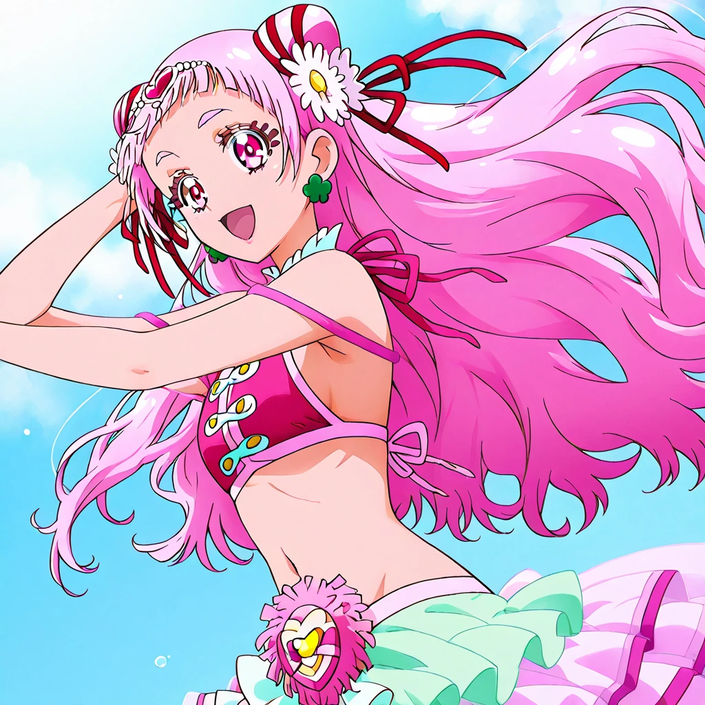 anime, (high quality, detailed, beautiful), shiny, detailed beautiful eyes, outstanding, countershading, detailed soft lighting, an exquisite animation illustration, score_9, score_8_up, score_7_up, source_anime, anime screencap, anime coloring, megami magazine, sidelighting, shiny luminous, 1girl, solo, solo focus, cure yell, small breasts, flat busts, shiny skin, wet skin, very sweaty, very wet skin, steaming body, skirt up, bend down, ass, pink sport panties, looking at viewer, sky, dutch angle. cowboy shot, outdoors, beach side, sunset, evening, Expressiveh, confused,