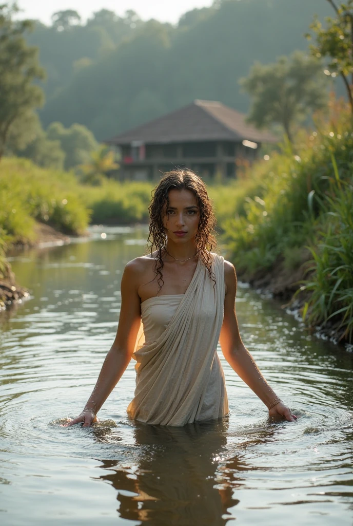 A natural scene amidst flowing water under heavy rain, with trees and slight sunlight filtering through the leaves. In the middle of the river, there's a side profile photograph of a young woman with Thai-Chinese features, blue eyes, and red hair. Her face and hair are drenched from the heavy rain, creating a shimmering effect. The photograph is rich in detail and portrait style, captivating with its intense focus and dramatic setting. She wears a simple beige camisole. Her wet hair and body add to the scene's allure. Taken with a Fujifilm Eterna Vivid 500T camera, the gentle yet continuous movement of water around her is visible. The semi-high angle of the shot clearly shows her wet face and shoulders. The background is filled with nature, trees, and soft sunlight filtering through the leaves, giving the image a natural feel. The light and shadows are well-balanced, adding vibrancy to the overall composition. Natural light focuses on the side of the subject, enhancing the scene.