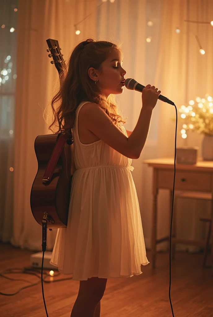 A hyper-realistic image of a beautiful child singing gospel music in an intimate acoustic setting. The child is seated on a wooden stool, holding a vintage microphone with both hands, eyes closed in deep concentration. Soft, warm lighting illuminates their face, highlighting the pure emotion and innocence in their expression. The background features simple acoustic instruments, like a guitar and a piano, set in a cozy, rustic room with wooden beams and a few candles, creating a peaceful, reverent atmosphere.