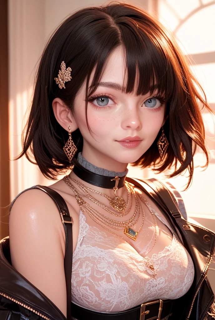 Sexy pose, night, Latina, face, Sweaty, ((masterpiece)), ((highest quality)), ((Intricate details)), (Surreal)), An absurd solution,, Mature Woman, perspective, Very detailed, figure, ((One girl)), (((big)), Perfect hands, Detailed fingers, Beautiful fine details, short hair, Brown eyes, Cleavage, Rainbow Dress, Black Choker, Earrings, stockings, Detailed Background, Perfect Eyes, Viewers from the front, Open legs, 