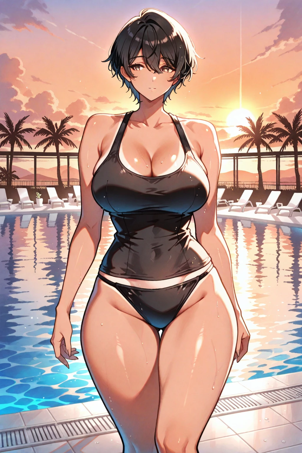 (((strong sun light))), goddess, bloom, lens flare, (8k, RAW, professional, best quality, masterpiece:1.2), ultra-detailed, (25mm portrait wide angle), (highest detailed skin:1.2), (highest detailed face:1.2), 1woman, ((black middle hair)), (windy), (((standing on the beach))), sun light, look at the camera, ((blue bikini)), polite smile