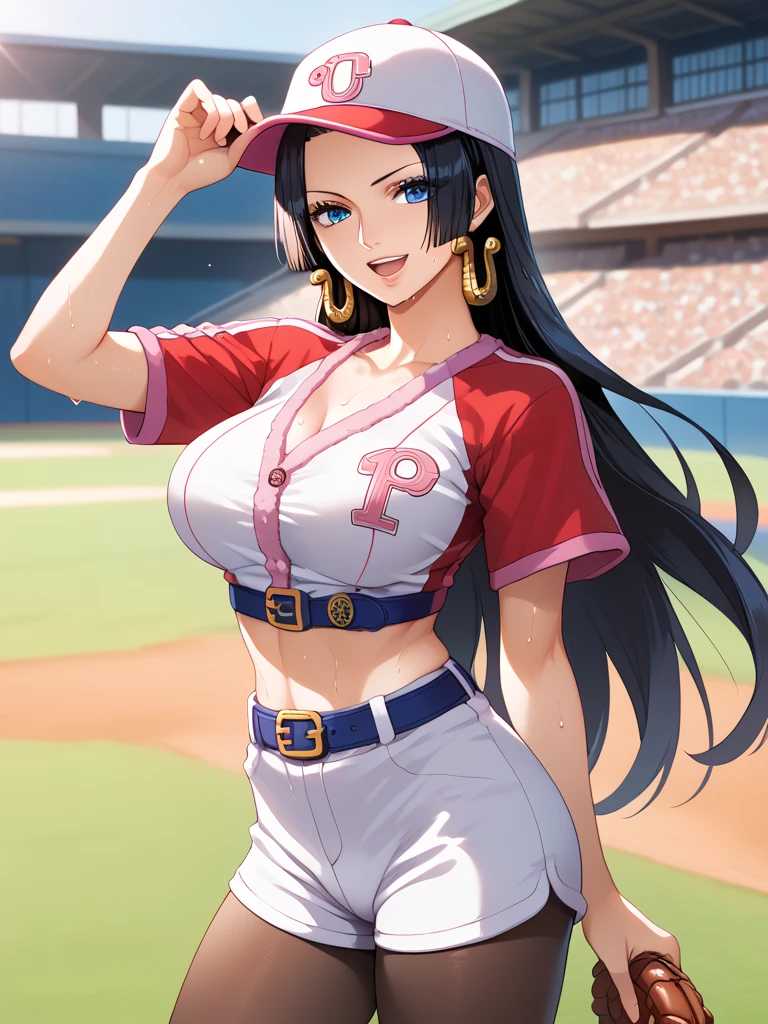 source_anime,score_9,score_8_up, score_7_up, 1girl,solo,outdoors,one piece, mature woman, boa hancock, long hair, very long hair, black hair, shinny hair, baseball hat, jacket, bomber jacket, black jacket, denim, pencil denim, white shirt, crop top, navel, collarbone, black hat, Ripped denim, baseball court,
