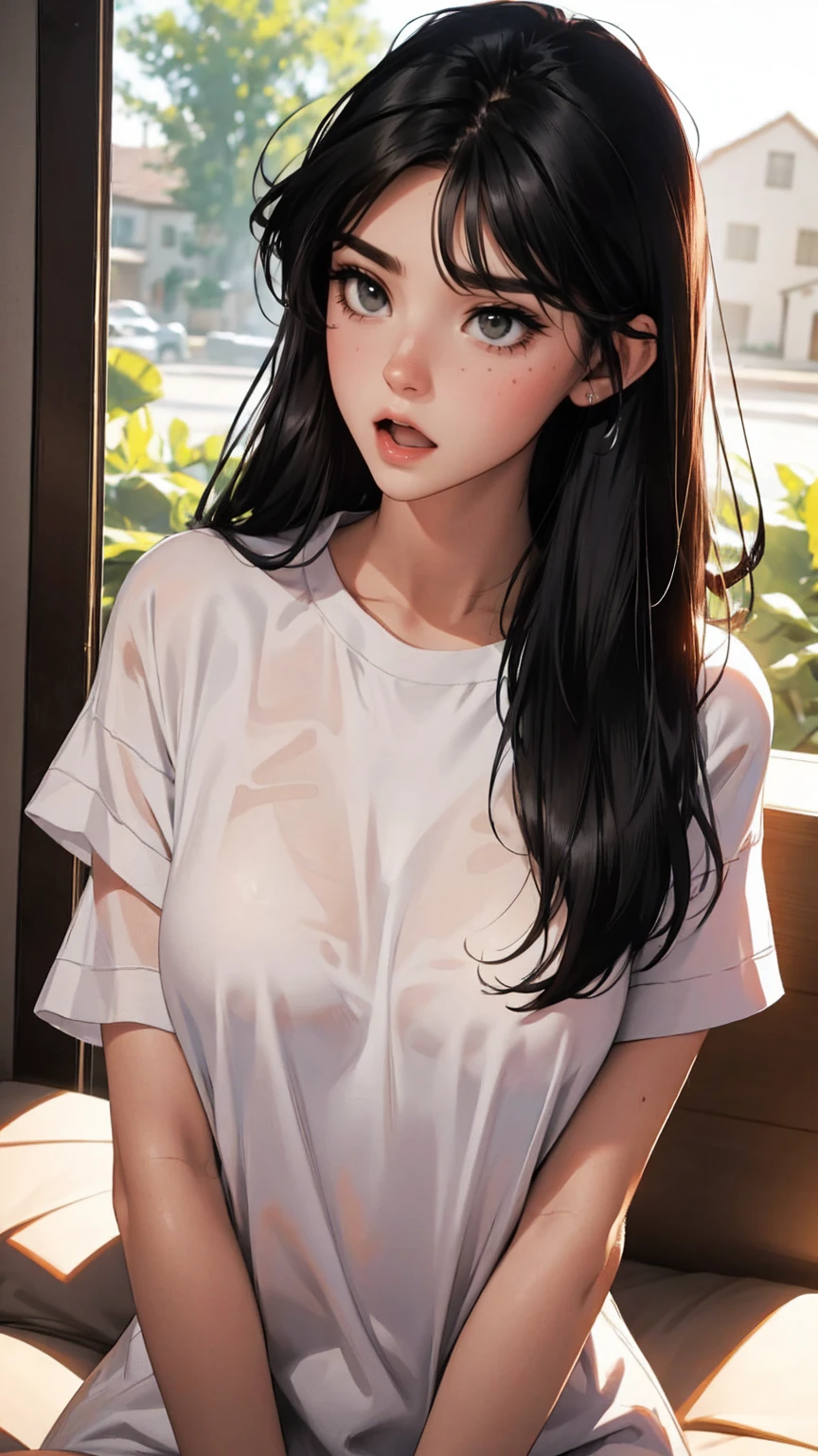 anime girl wearing pink wet clothes, realistic shadows, detailed skin, very small breasts, black hair, hair ribbon, very detailed, 8k highly detailed face, perfect face shape, perfect lips, perfect nose, correct beautiful eyes, watching viewer, masterpiece, best quality, single girl, no bra, no panties, solo