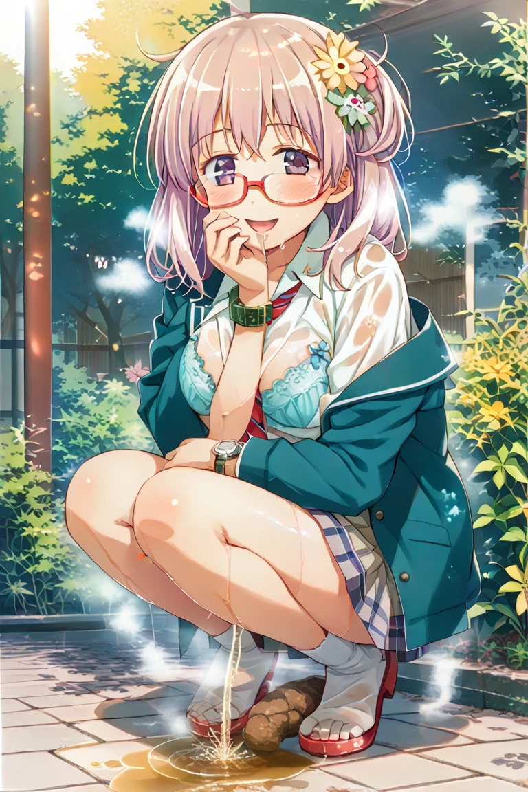 (8k、Best image quality、highest quality、masterpiece)、Detailed face,Masterpiece, hd, realistic, asian girl, 1girl wearing see through camisole (camisole) plaid skirt, smile, (largest breast),(huge breast), outdoor, squatting,spread legs, outdoor, wearing randoseru backpack, (red backpack:1.1),(((see through Nipples))),(nipples),masturbation, ((cum,sperm,semen)),(((cum on breast))),((ejaculation semen)),((ejaculation cum)),(((bukkake))),arms up,armpit,purple hair,from below,braid hair,Glasses,