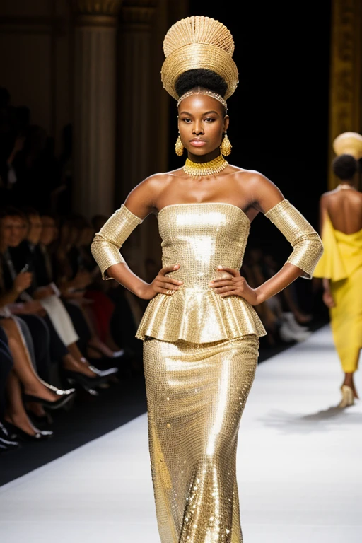 A black woman with braided hair parading down the runway in an orange dress with gold sequins and stones steals color with a slit in her leg and hopefully falling neckline and flowing silk cape