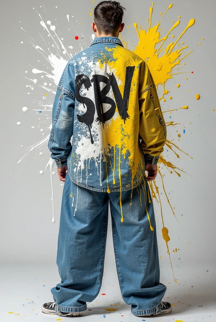 Make a oversize t-shirt color gray add some unique art of hip hop rap artist ware the t-shirt to a adult boy print the art in back side and add this slogan raw_sai 