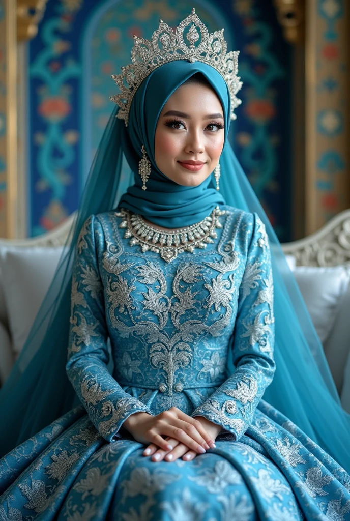 A hijabi bride wearing jewels along with hijab and wearing sage colour dress and she should have doe eyes and cute smile full pic full dress pic from.head to toe front side
