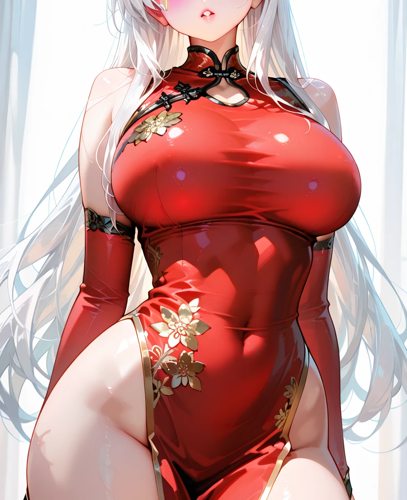 1girl, beautiful face, long hair, huge breasts, Narrow waist, bright hair color, detailed eyes, beautiful eyes, perfect noise, perfect eyes, detailed skin, masterpiece, best quality, 32K, sharp focus, Master anime work, impeccable masterpiece, a mature female character in a sexy transparent red robe standing on a pure white background, flowing silver hair, full body standing, slender legs, straight breasts, detailed face details, natural and beautiful standing, vivid and real body details, nipples, blond hair, grab the breast,