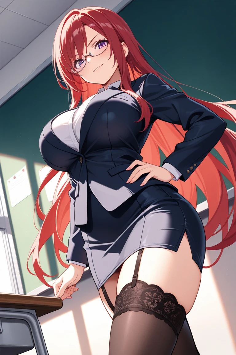 (Masterpiece, Best Quality, High Quality:1.4), professional artwork, Intricate Details, field of view, sharp focus, detailed painting, masterpiece, cinematic lighting, trending on pixiv, (vivid lighting, vibrant colors, by by Nagasawa Rosetsu:1.05),
Hiroko Takashiro, (mature female, milf:1.1), solo, (curvy:1.1), standing near chalkboard, holding chalk, classroom, (full body shot:1.1),
(red hair:1.05), long hair, lipstick, makeup, ultra detail hair, ultra detail face, (purple eyes:1.05), perfect eyes, perfect face, earrings, (confused, blush:1.2),
shirt, jacket, (black thighhighs, garter belt:1.1), zettai ryouiki, pencil skirt, school uniform, highheels,
(Large Breasts:1.1), Cleavage, big ass, thighs,
