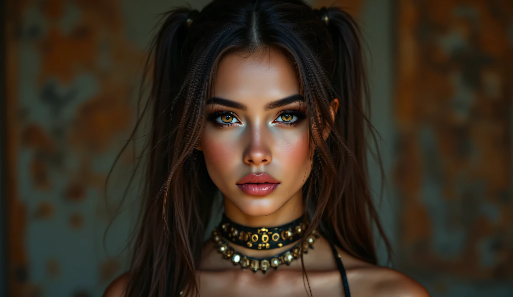 24 year old Colombian woman., full body view, (in front of the camera), detailed european face, (aspiring facial expression), (((steampunk style closure))), ((steampunk city in the background)), raw, analog style, ultra detailed photography, cinematic lighting, art station, 4k, sharp focus, High resolution, detailed skin, detailed eyes,