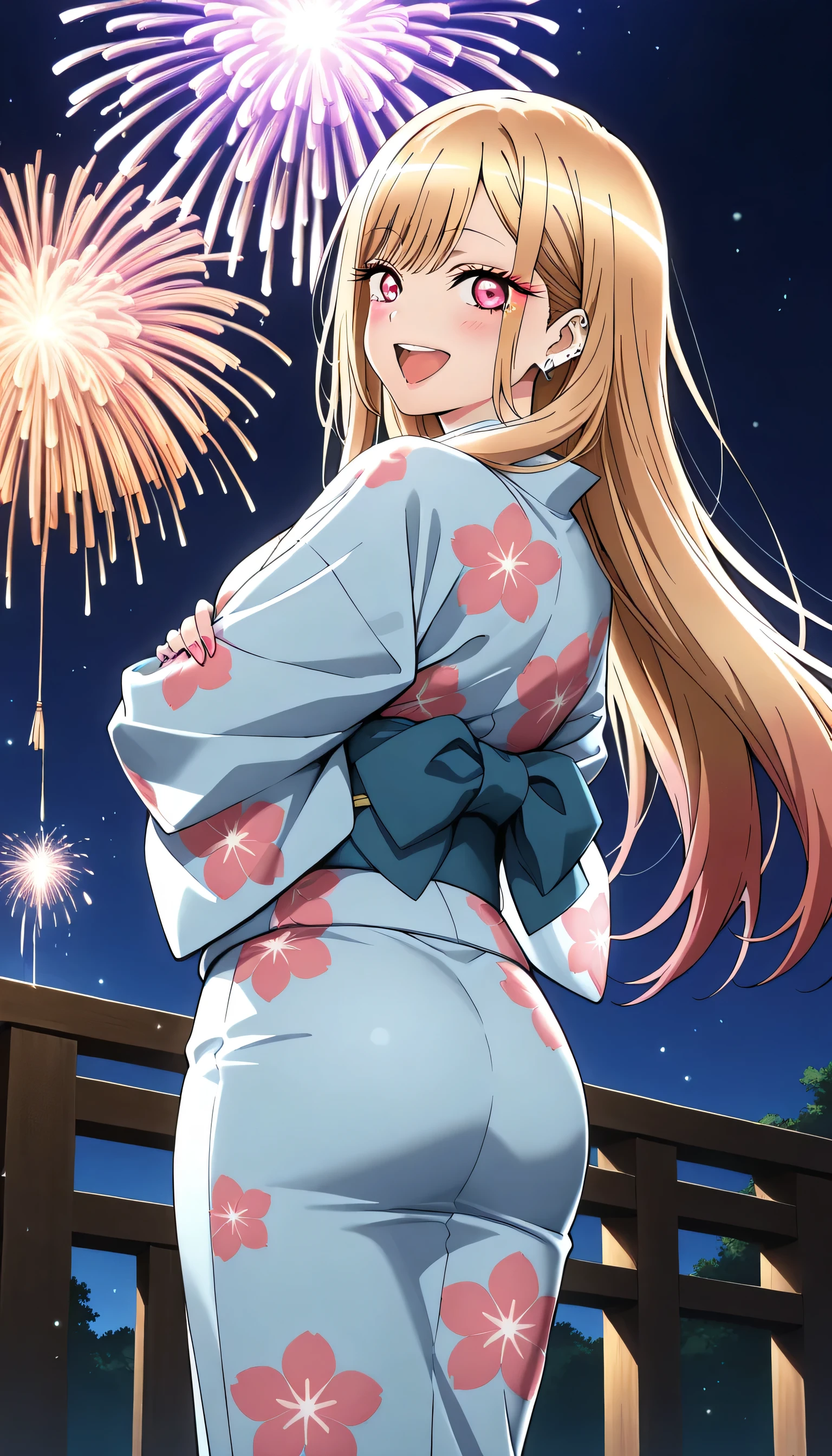 beautiful shining eyes, glossy lips , very well detailed目と顔, long lashes, perfect face, perfect hand in h, perfect fingertips, (Highest Quality, very well detailed, CG illustration, masterpiece:1.2, Best Aesthetics)、marin kitagawa, long hair, bangs, blonde hair, red eyes, multicolored hair, pink hair、((Face photo of a cute Japanese woman in a pink floral yukata ))、((Yukata is knee-length))、(from behind:1.3)、(focus on the face:1.2)、whole、1 woman、solo、(Japanese Fireworks:1.3)、(light particles:1.2)、night
(standing:1.2)、(Arch your back、twisting torso:1.1)、(has her arms crossed on her back:1.3)
break
(enchanting smiles:1.2)、(and my cheeks are red:1.3)、looking back
face with open mouth、Face turning its head
