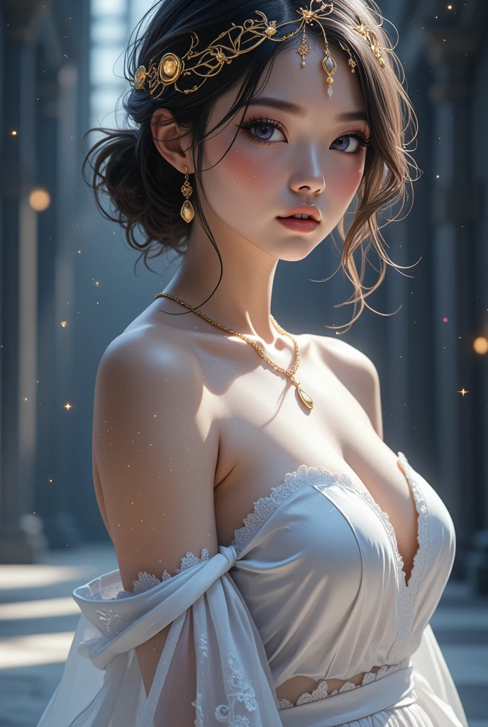 highest quality, masterpiece, Ultra-high resolution, (Realistic:1.5), RAW Photos, 1 girl, Off the shoulder, In the Dark, Deep Shadow, Discreet keys, Cold Light, sexy look, Gorgeous Dress、elegant necklace、((Small breasts))、Looking at the audience、Lots of lace fabric