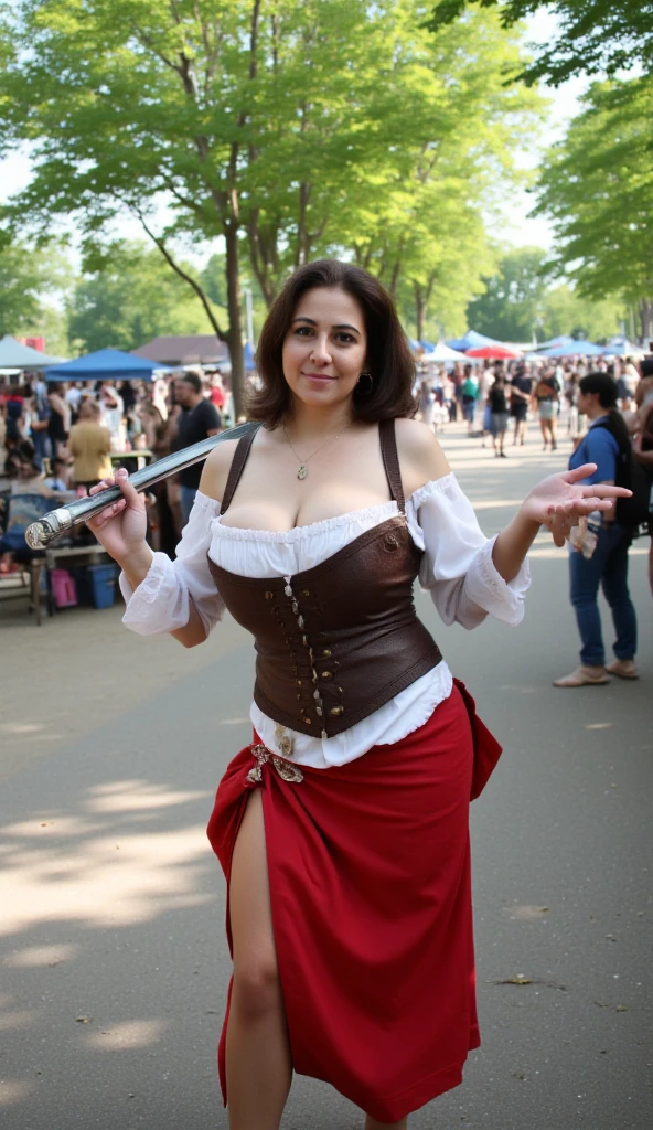 1980s \(style\) anarchist woman at the renfaire, <lora:improve_backgrounds:0.85>, smile, wearing renfaire costume with long ruffled skirt, underboob, <lora:upshirt:0.75>