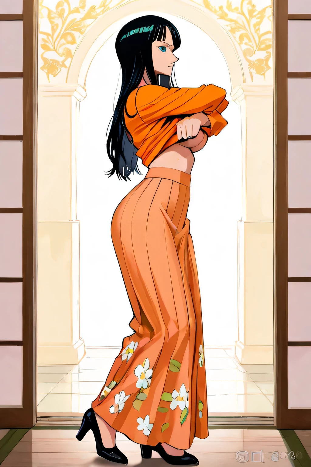High quality、MASTERPIECE、4K、8k、16K,Nico Robin, close mouth, score_9, score_8_up, score_7_up, source_anime, best quality, black hair, long hair, large breasts, perfect body, looking away, lift up clothes, clothes lift, undressing, thighs, completed 120%,Natural and warm colors ,warm orange blouse,Soft, flowing silhouette ,fluffy long skirt,floral design, emphasizes feminine atmosphere,Gathered waist ,giving a sense of volume and elegance,Closed-toe shoes ,create a calm feminine look,-Vintage-feeling accessories for a natural Mori-girl look, combining natural materials and items in soft colors