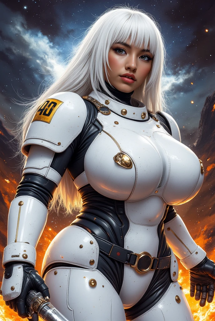 persian porn actress, blond long hair, gold epaulet,brown eyes,silver grey leahter Uniform, silver gray leathertrousers black boots,,big breast, cleavage, belt,standing