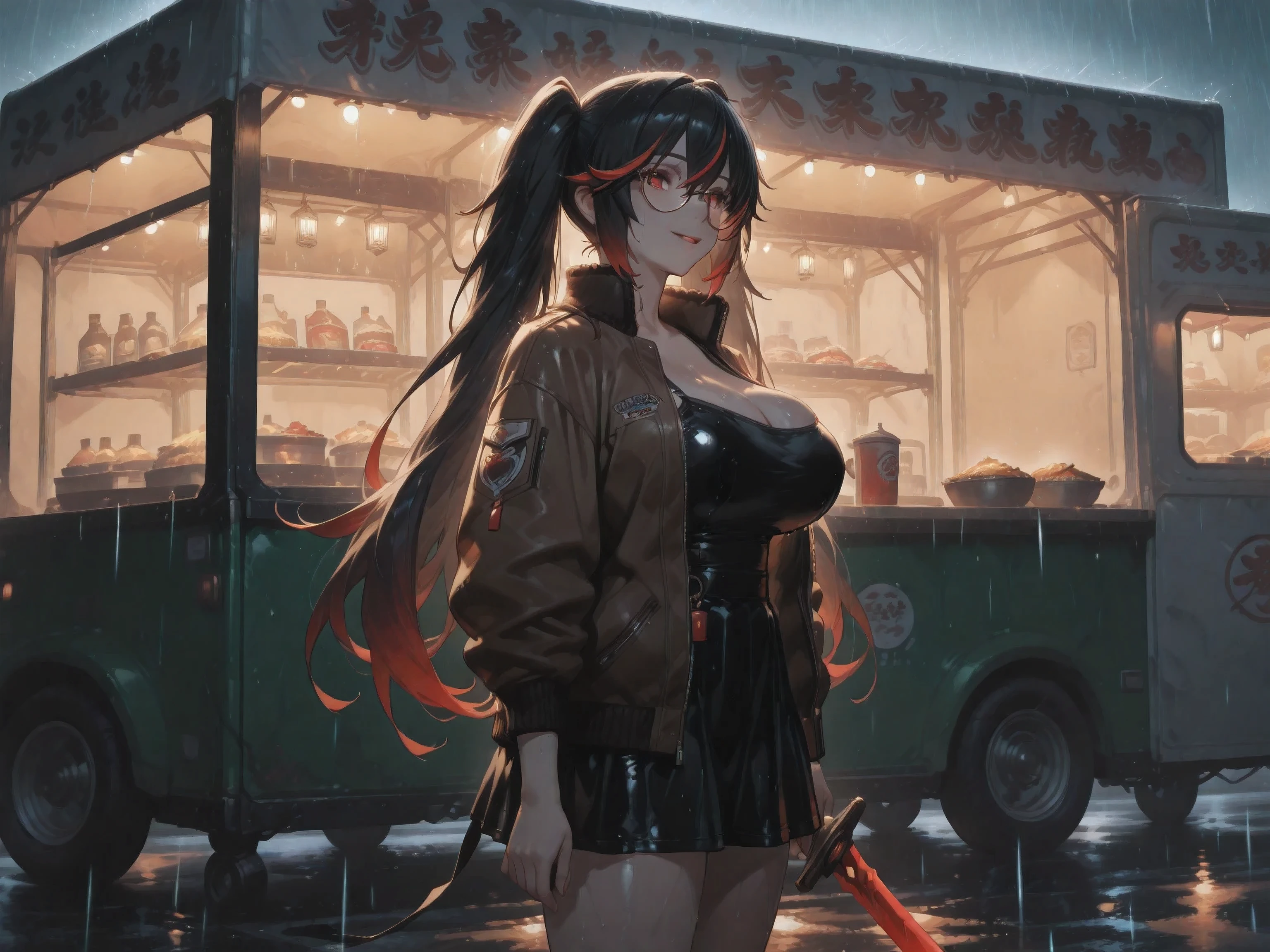 (NSFW:1.1), A Realistic image, extremely sharp focus, crisp details, high resolution, low light, cinematic lighting, 4K, 8K. Side view. (correct anatomy and detailed hand). A wide angle shot, a detailed, high quality rendering of LuciaPlume. She's wielding a sword. She wears beautiful, detailed round eyeglasses, she wears a string camisole, bomber jacket and black miniskirt. She has a beautiful huge breasts. She has a beautiful face details, a beautiful detailed red eyes, long hair, twintails, streaked hair, gradient hair, detailed hands, five fingers and a real human skin texture, her expression is happy and she looks at the viewer. Food truck, rain. The background has highest detail, detailed background and depth of field.