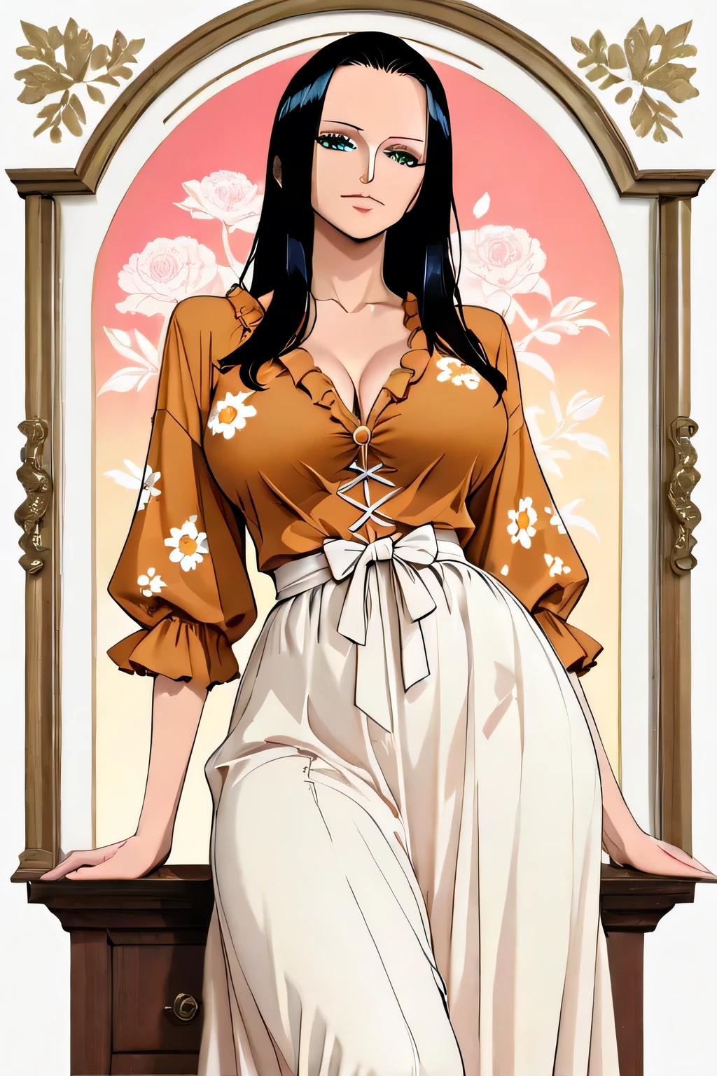 completed 120%,completed_130%,completed_150%,,High quality、MASTERPIECE、4K、8k、16K,Nico Robin, close mouth, score_9, score_8_up, score_7_up, source_anime, best quality, black hair, long hair, large breasts, perfect body, thick thighs, Natural and warm colors ,warm orange blouse,Soft, flowing silhouette ,fluffy long skirt,floral design, emphasizes feminine atmosphere,Gathered waist ,giving a sense of volume and elegance,Closed-toe shoes ,create a calm feminine look,-Vintage-feeling accessories for a natural Mori-girl look, combining natural materials and items in soft colors