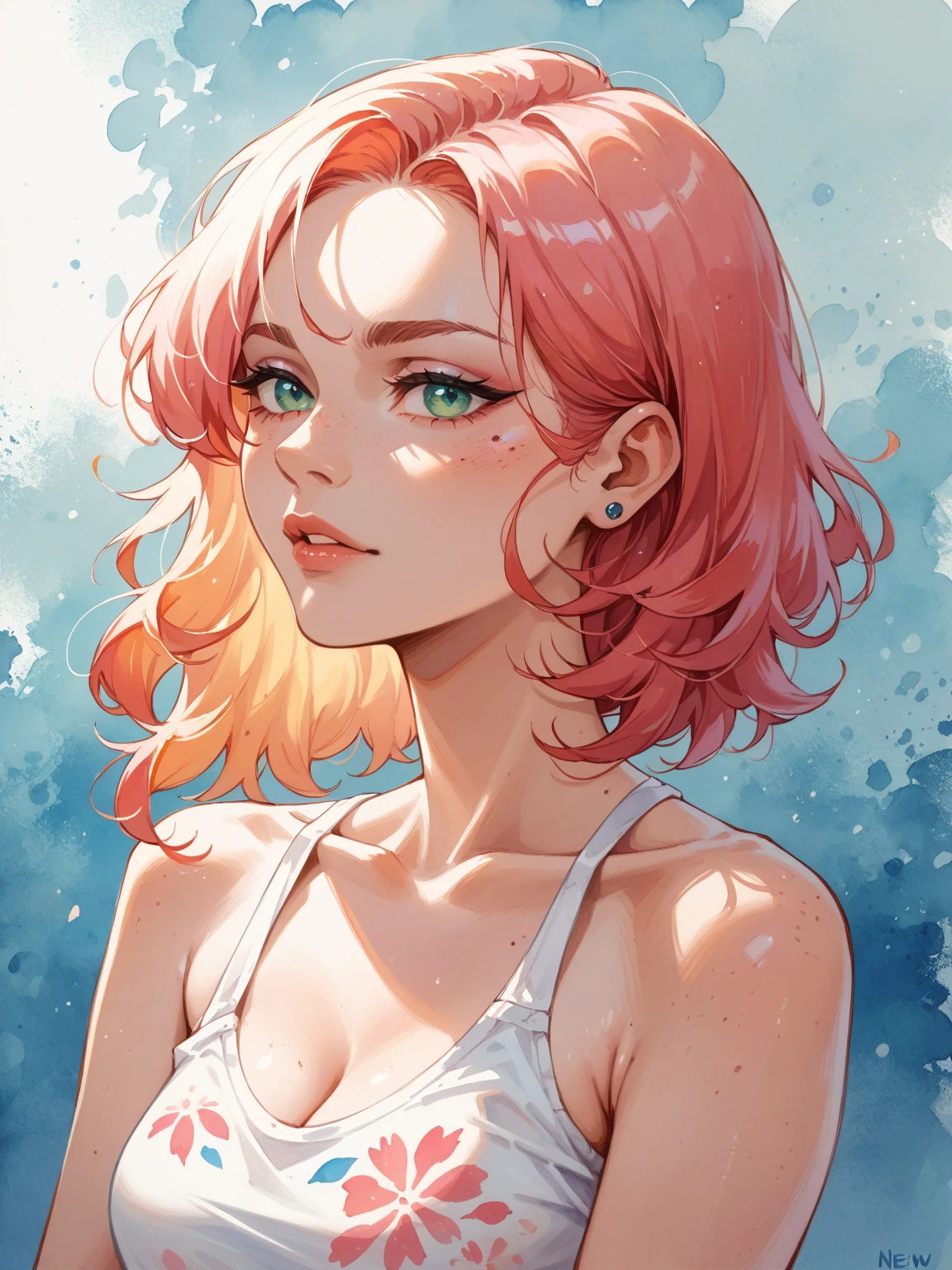 Anime girl with pink hair and green eyes in white bra top, cute girl with short pink hair, Anime style portrait, made with anime painter studio, drawn in anime painter studio, Digital anime illustration, flat anime style shading, Anime style illustration, Pink girl, semirealistic anime style, anime style character, some pink, yayoi kasuma, color study