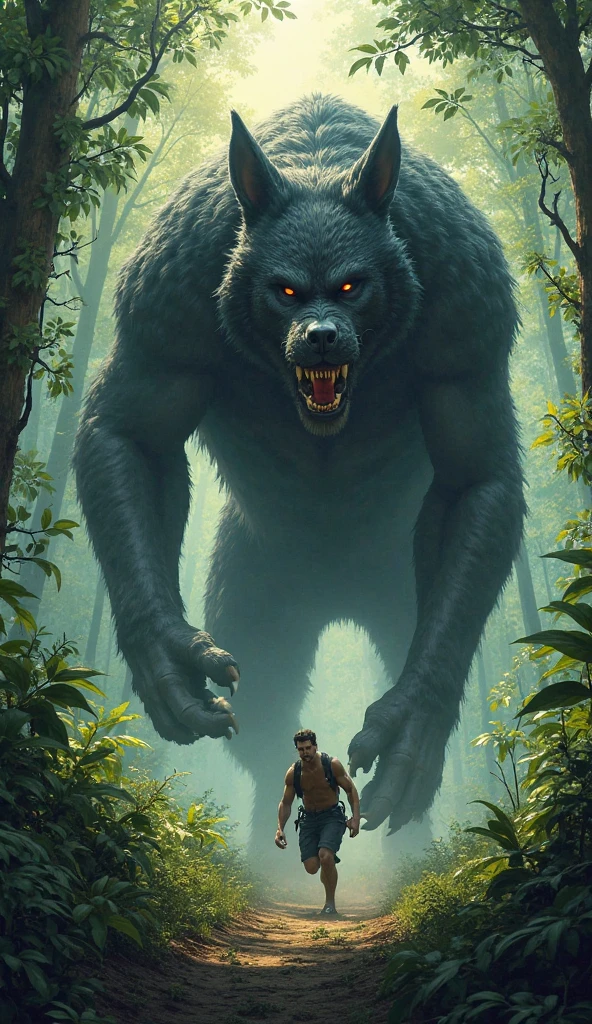 Varun Dhawan with a aggressive dark brown bhediya in a jungle
