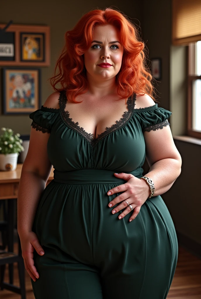 Beautiful Chubby young girl, wavy long ginger hair, intricate, green summer dress, big breasts, curvy body, 8k uhd wallpaper , ((masterpiece)) , (high detail), digitalart, vintage color photo, 1930s, old photo, 1930s fashion