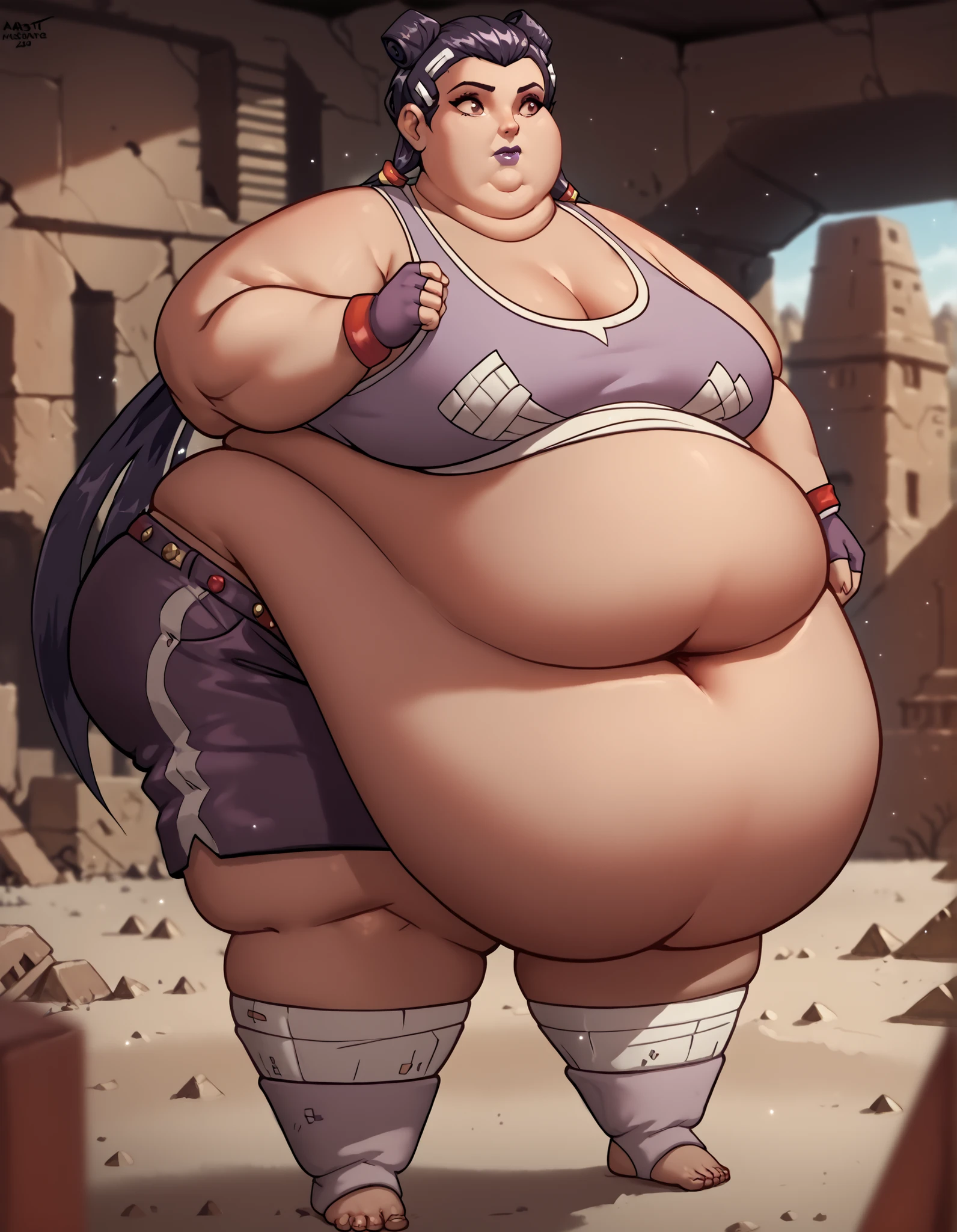 masterpiece, best quality, 1girl, solo, absurdres,
large breasts, twin tails, long hair, brown eyes, dark-skinned female, purple lips,
fingerless gloves, bandages, naked bandage, toeless legwear, bracelet, short shorts, tank top,
desert, ruins, pyramids,
high up ,standing with hands sliding down along the body, sultry expression,
light particles, glowing,
blurry background,
embedding:SmoothQuality,