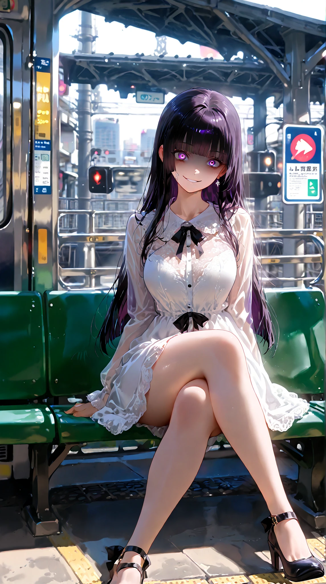 masterpiece, best quality, very aesthetic, absurdres, safe, (masterpiece), best quality, expressive eyes, perfect face, 1 girl in love, dark purple eyes, yandere, smirk, crazy eyes, eyes wide open, blunt bangs, dark black long hair, straight hair, long Japanese white dress decorated flowers, city CGI BACKGROUND, HYPERDETAILED, PERFECT, PERFECT EYES, EYES HYPERDETAILED, full body hyper detailed, sitting on a bench at the train station, crossing legs sexy erotic