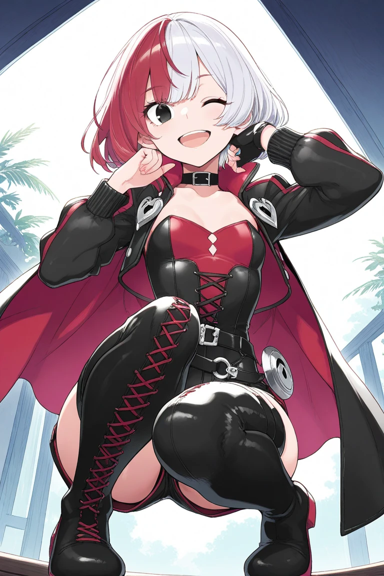 <lora:elphelt_valentine:0.7> elphelt, 1girl, solo, breasts, looking at viewer, smile, short hair, open mouth, blue eyes, simple background, thighhighs, gloves, white background, dress, medium breasts, jacket, grey hair, boots, frills, black gloves, fingerless gloves, white dress, high heels, thigh strap, thigh boots, frilled dress, red footwear, red jacket, high heel boots, pink footwear