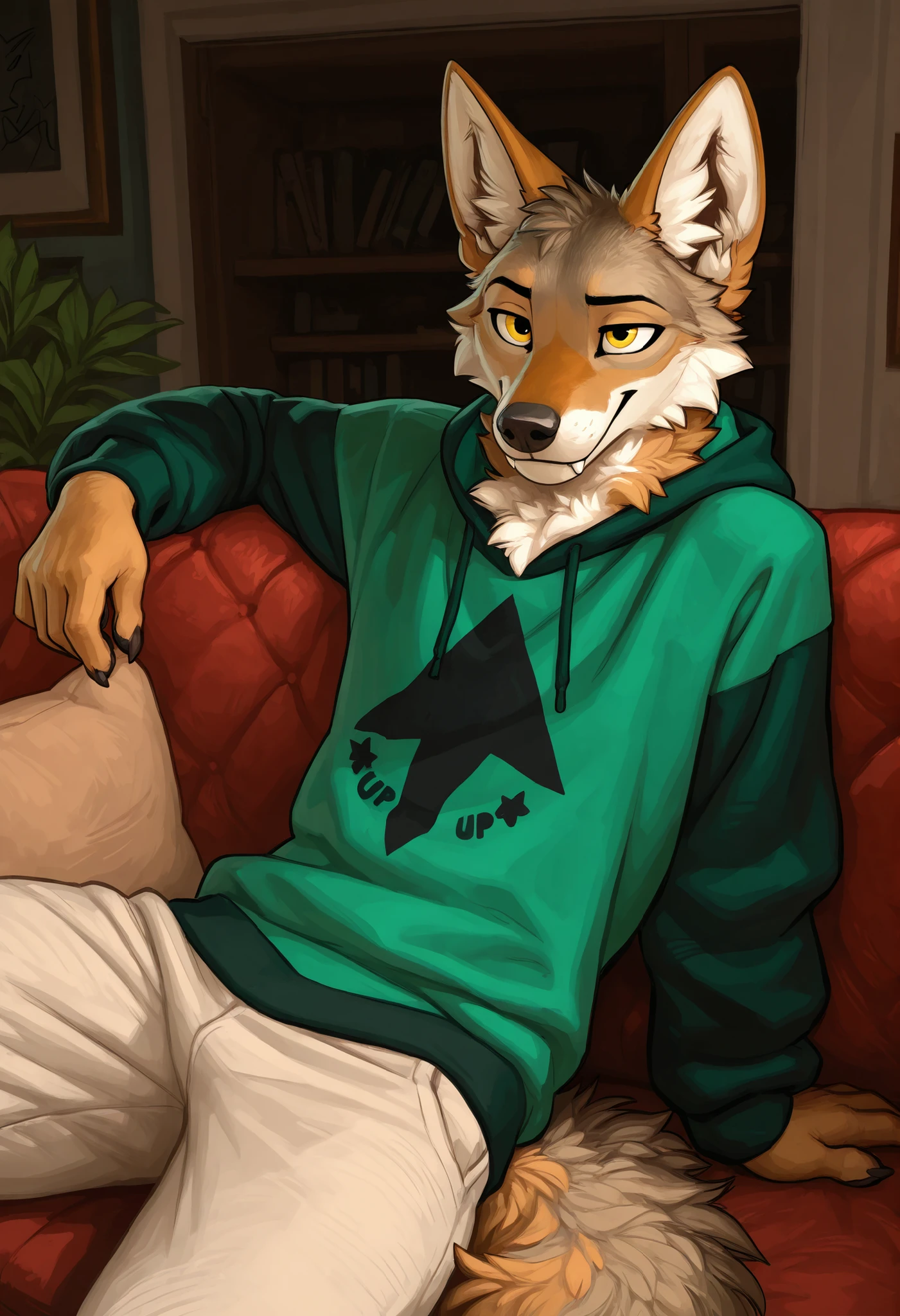 solo, wolf, ((male)), slender, ((twink)), detailed, uploaded to e621, beautiful and detailed portrait of an anthropomorphic boy, fauxhawk hair, (((male))), kenket, uploaded to e621, (oversized loose hoodie, black laces panties, bulge), dark living room, sitting on couch, legs spread,