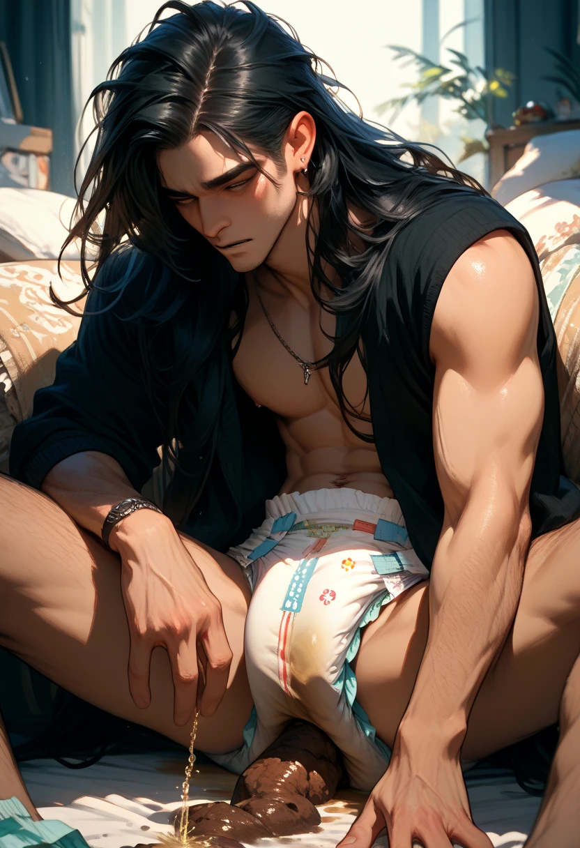 Realistic,hot muscular korean guy with long hair sitting down with legs spread apart showing off bulge wearing teal lacy revealing thong, serious face