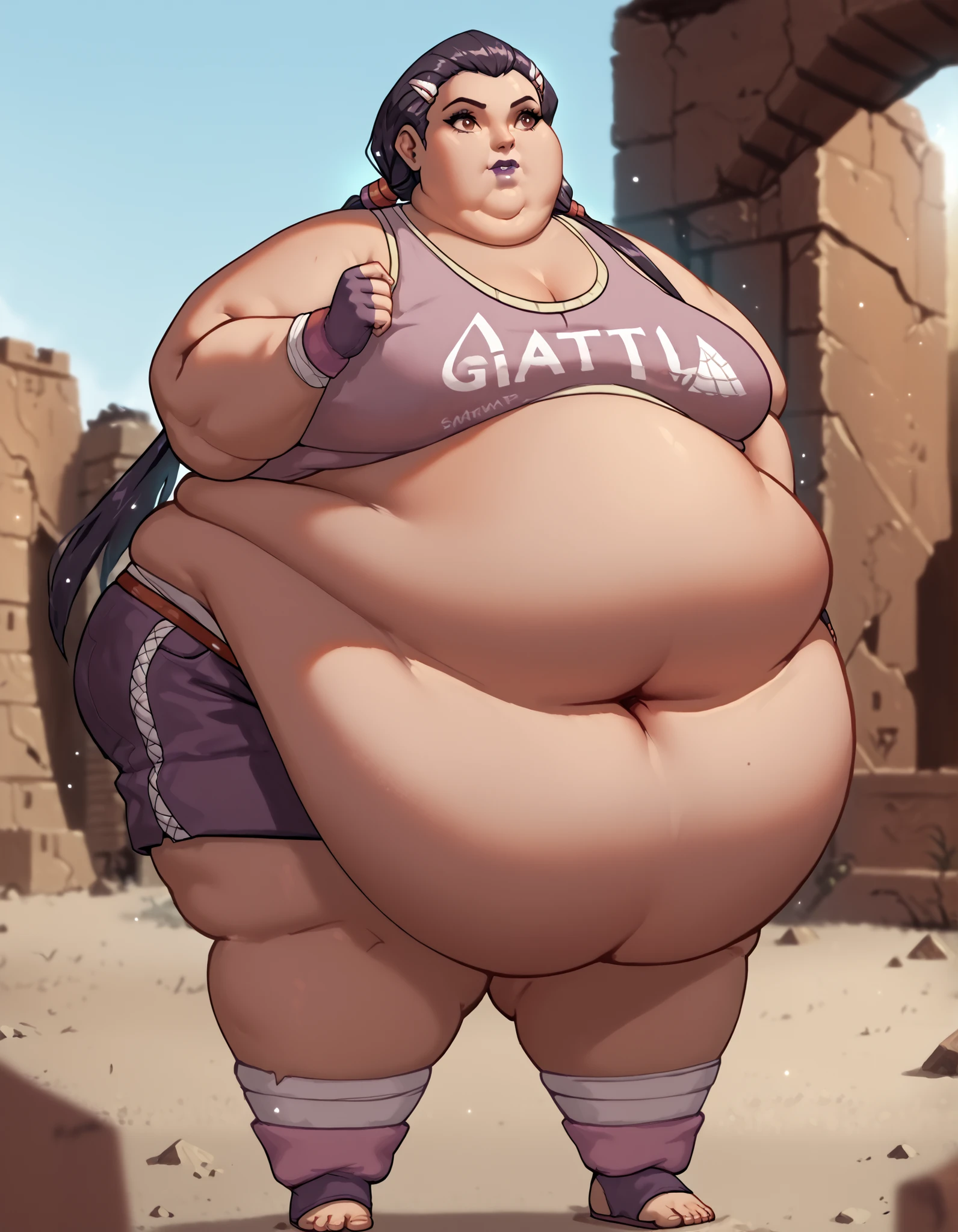masterpiece, best quality, 1girl, solo, absurdres,
large breasts, twin tails, long hair, brown eyes, dark-skinned female, purple lips,
fingerless gloves, bandages, naked bandage, toeless legwear, bracelet, short shorts, tank top,
desert, ruins, pyramids,
high up ,standing with hands sliding down along the body, sultry expression,
light particles, glowing,
blurry background,
embedding:SmoothQuality,