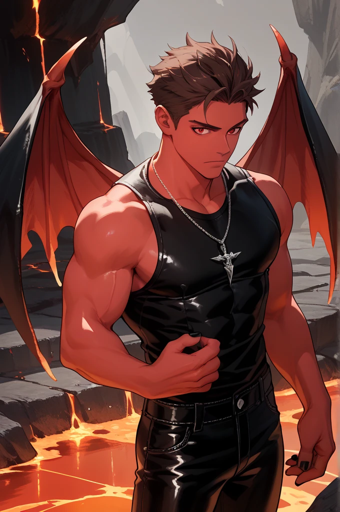 Demon, musculous body, absurdly tall body, hot male demon, red skin, Devil, demon horns, hot